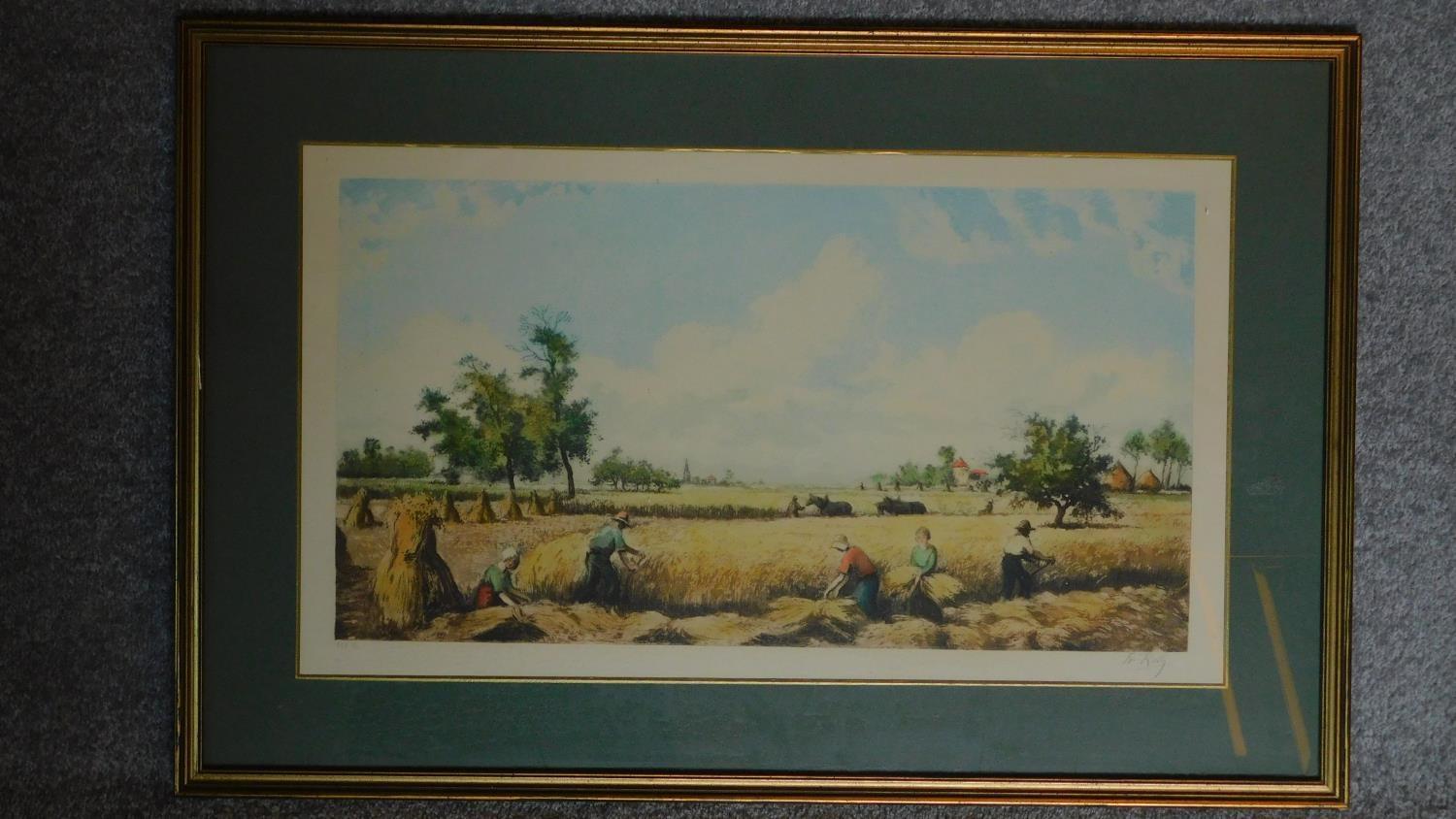 A limited edition lithograph, harvest scene, signed lower right in pencil, 36 x 64cm