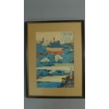 A 19th century Japanese coloured wood block print of a town square, signed, 35 x 23cm