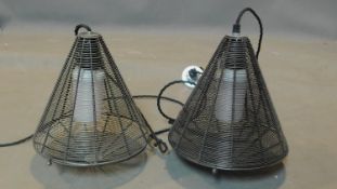 A near pair of industrial style wire mesh cone shaped ceiling light pendants, H.26 D.25cm