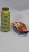 A 1970's vintage West German pottery vase and a multi coloured glazed Continental fruit bowl. H.40cm