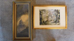 A framed watercolour of ruins, label verso and a watercolour of St. Pauls in the blitz. 33x47cm (