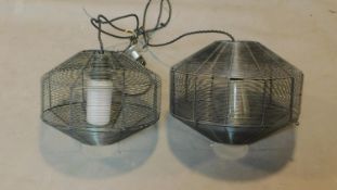 A near pair of industrial style wire mesh ceiling light pendants, H.23 D.27cm