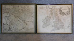 Two old framed and glazed maps of the British Isles and the Persian gulf. 55x61cm