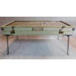 A fold down tray top sectioned specimen table with lift up glazed top. 60x122x56cm