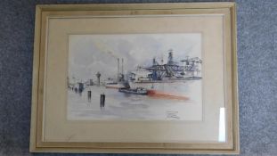 A framed and glazed watercolour of a harbour scene, framed and glazed, signed and inscribed verso.