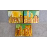 Three oils on canvas, stylised cityscapes, indistinctly signed. 41x51cm
