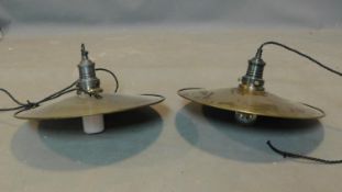 A pair of industrial style circular brass ceiling light pendants, D.40cm