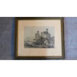 A framed and glazed pencil drawing of a castle, signed. 52x59cm