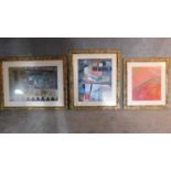 A collection of three framed and glazed prints of various modern art pieces. 82x105cm