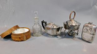 A silver plated hip flask, a spirit kettle with associated base, a teapot (a/f) a Georgian