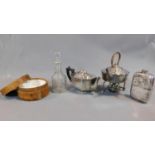 A silver plated hip flask, a spirit kettle with associated base, a teapot (a/f) a Georgian