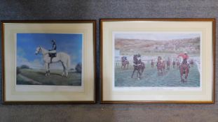 Two large framed and glazed prints of horse racing interest. 85x29cm