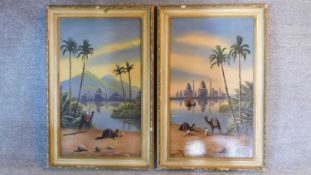 A pair of gilt framed oils on card, Egyptian desert scenes. 88x58cm