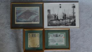 Two framed share certificates and two others of New York interest. 70x50 (largest)