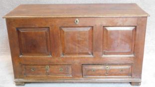 A Georgian panelled oak coffer with hinged lid and fitted with two base drawers on block feet.