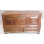 A Georgian panelled oak coffer with hinged lid and fitted with two base drawers on block feet.