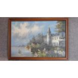 A large vintage framed oil on canvas, chateau by a lake, signed. 100x70cm