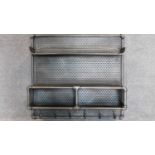 A set of industrial style wall shelves fitted with a rack of coat hooks. 74x80cm