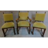 A 1930's German oak desk chair and a pair of matching side chairs. H.102 W.58 D.52