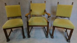 A 1930's German oak desk chair and a pair of matching side chairs. H.102 W.58 D.52