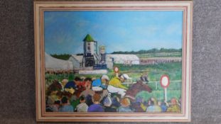 A framed oil on board, horse racing at Newmarket. 53x68cm