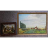 Two framed oil paintings on board, one depicting a European rural scene, the other Alpine scenery.