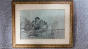 A framed and glazed pencil sketch of a Continental castle by a lake, signed. 48x62cm