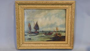 A 19th century gilt framed oil on canvas, sailing ships on stormy seas. 48x41cm