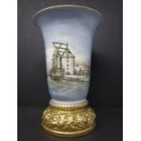 A Rosenthal hand-painted vase, decorated with a ship in a dock, raised on base gilt painted with