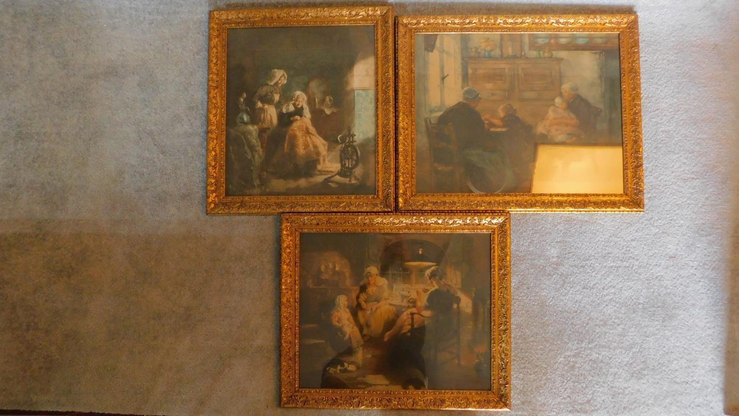 A set of three 19th century mixed method prints of Dutch interior scenes, set in gilt frames,