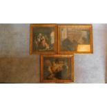 A set of three 19th century mixed method prints of Dutch interior scenes, set in gilt frames,