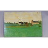 A naive style oil on board depicting a windmill in a rural scene, signed and dated 1900. 55x37cm