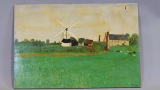 A naive style oil on board depicting a windmill in a rural scene, signed and dated 1900. 55x37cm