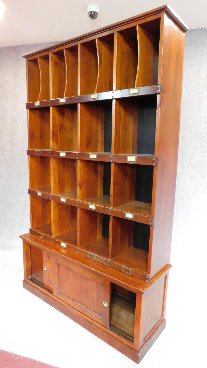 A mahogany two section estate cupboard fitted pigeon holes and stationery sections, makers label - Image 3 of 4