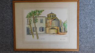 A framed contemporary watercolour, depicting a church in the suburbs of a city, signed. 36x46cm