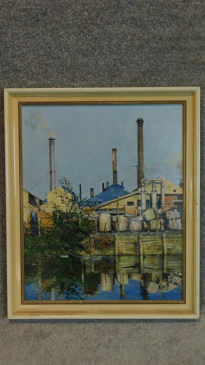 A framed oil on board, On the Lea, Brimsdown, Industrial landscape, John Godden, gallery label