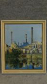 A framed oil on board, On the Lea, Brimsdown, Industrial landscape, John Godden, gallery label