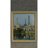 A framed oil on board, On the Lea, Brimsdown, Industrial landscape, John Godden, gallery label