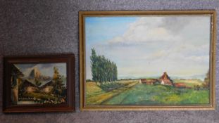 Two framed oil paintings on board, one depicting a European rural scene, the other Alpine scenery.