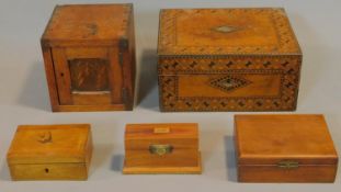 A collection of boxes to include a Victorian Tunbridge writing slope, apothecaries box etc.