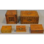 A collection of boxes to include a Victorian Tunbridge writing slope, apothecaries box etc.