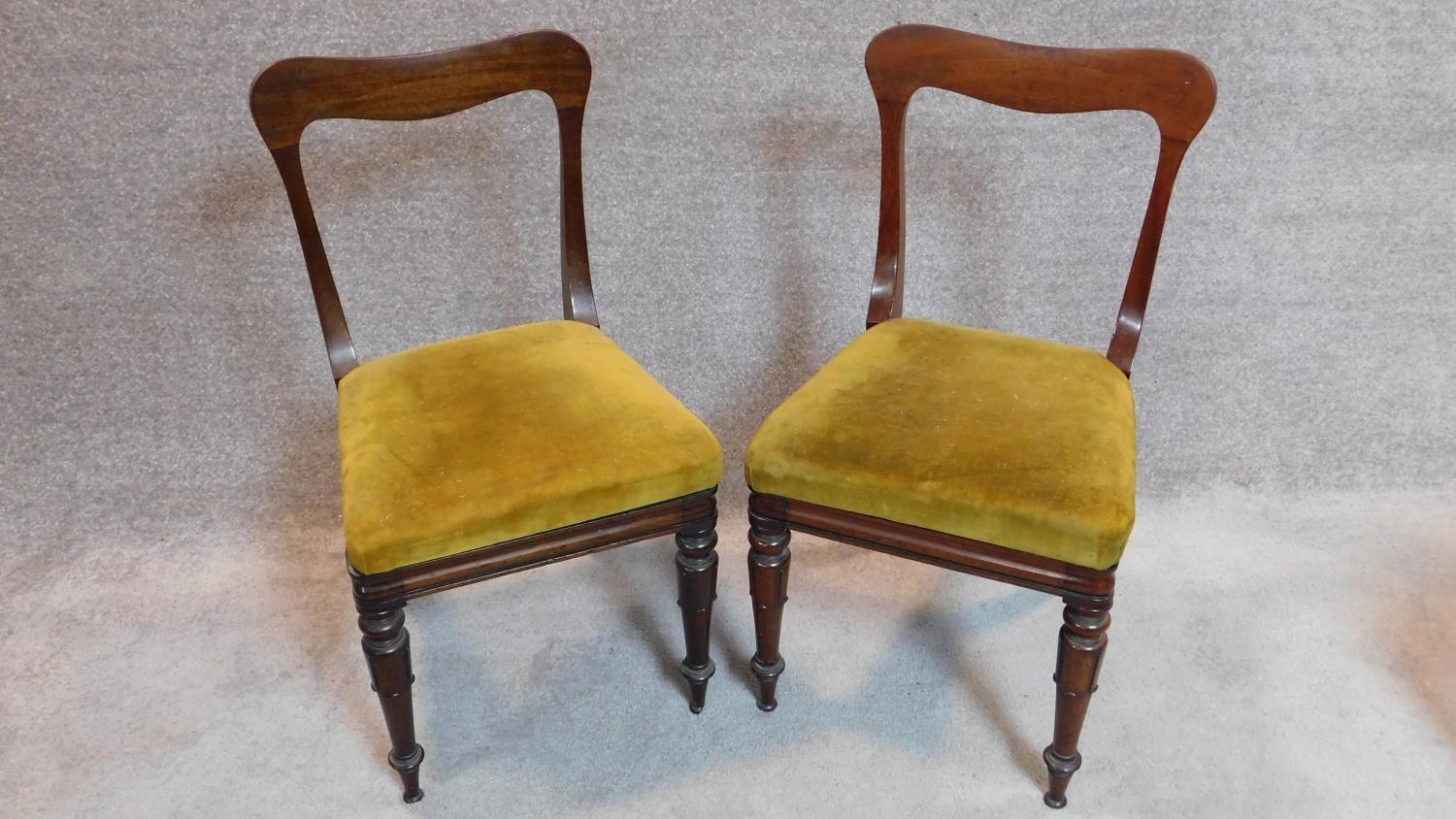 A set of four mid Victorian mahogany dining chairs with shaped backs, mustard upholstery on turned - Image 2 of 6