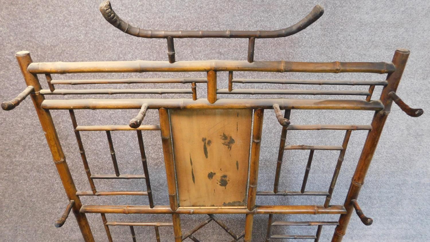 A late Victorian aesthetic style bamboo hallstand with inset tiles. 198x96x30cm (mirror detached but - Image 4 of 9