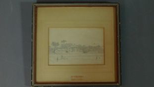 A framed and glazed pencil sketch, country house in grounds with figures to the foreground. 26x27cm
