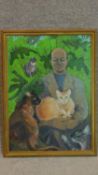 A framed oil on panel, portrait of a man with cats, Madeleine Pearson. 5x56cm