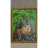 A framed oil on panel, portrait of a man with cats, Madeleine Pearson. 5x56cm