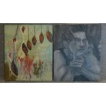Two unframed oil paintings, portrait and an abstract composition. 66x54cm