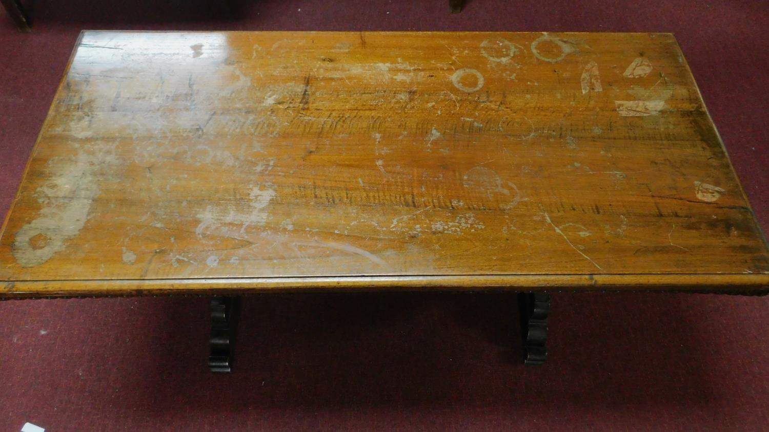 A continental oak refectory table with urn carved stretchered trestle ends. 76x150x72cm - Image 3 of 7