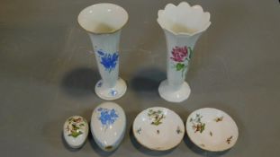 A miscellaneous collection of Herend porcelain to include two trumpet vases, dishes and saucers. H.