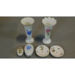 A miscellaneous collection of Herend porcelain to include two trumpet vases, dishes and saucers. H.